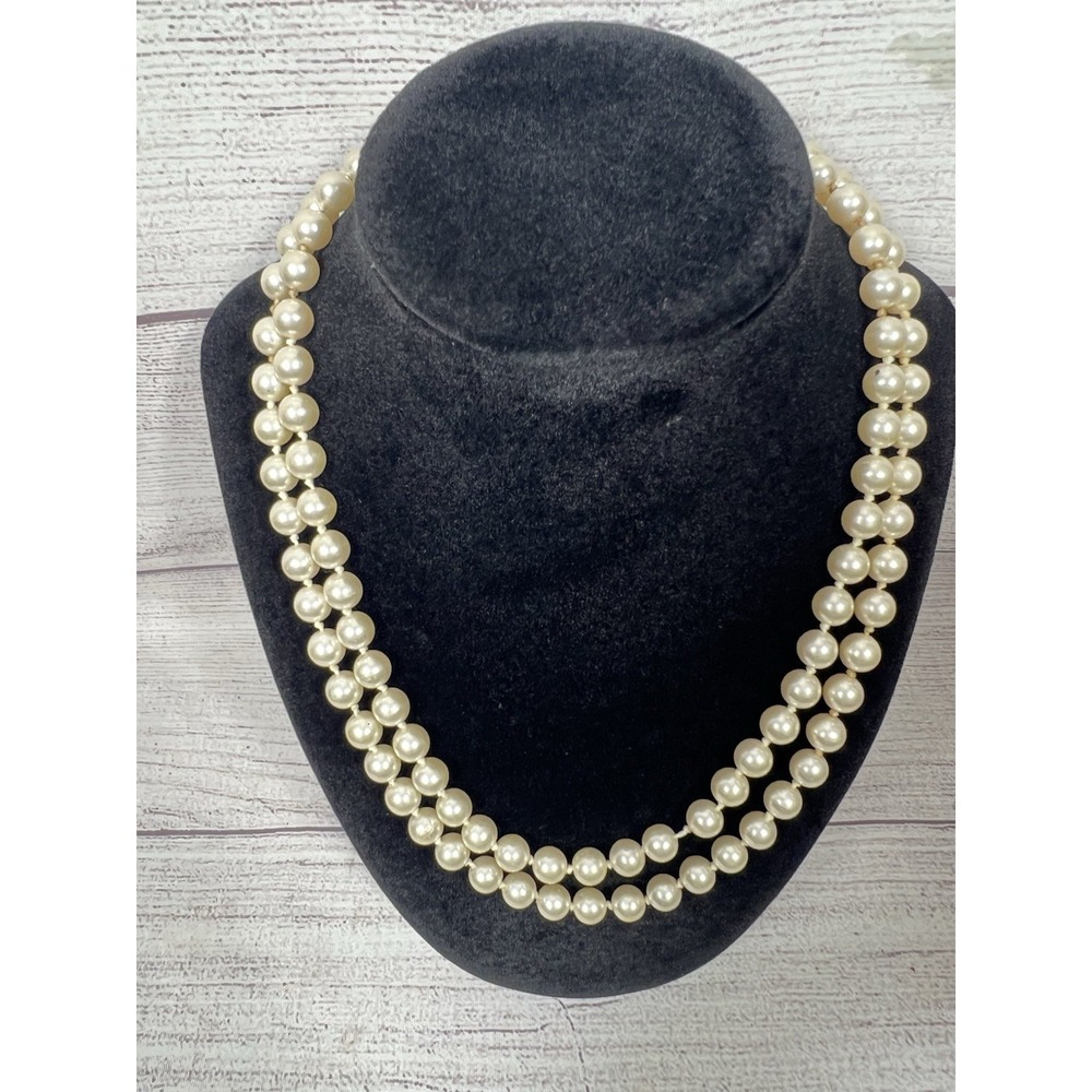 Faux Pearl Necklace Double Strand Graduated Beads 16" 19" Two Tier White
